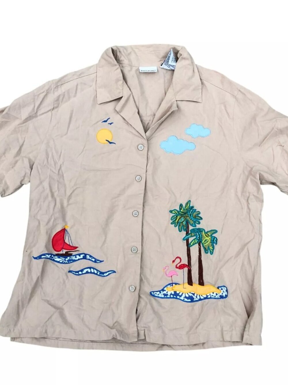 VTG WHITE STAG Flamingo Palm Trees Button Shirt LG Women's Beige Short Sleeve​